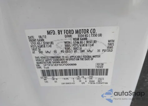 2012 Ford F-150 Xlt from USA, damaged, VIN 1FTFX1EF5CFD00899